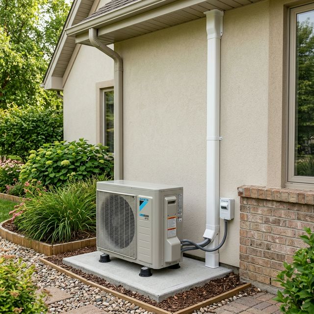Outdoor air conditioning condenser unit installed on a concrete slab with neat trunking
