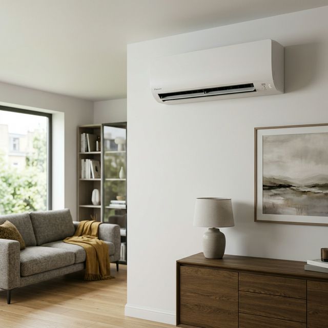 Professional split system air conditioning installation in a modern living room
